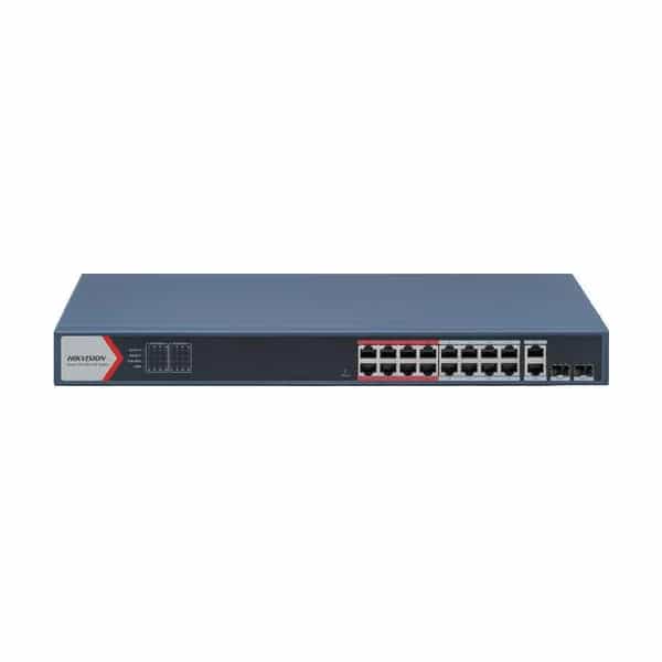 Switch PoE Hikvision smart managed 16 puertos 10/100 + 2 combo Gigabit 230W DS-3E1318P-EI (B)