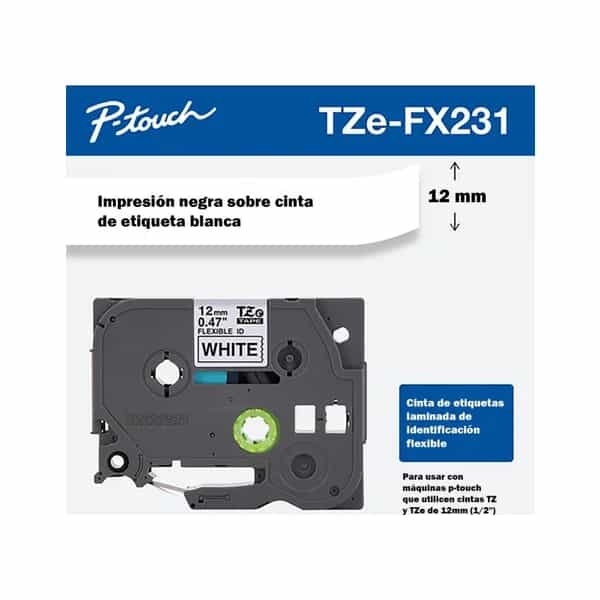 Cinta flexible laminada Brother TZEFX231 negro sobre blanco 12mm x 8m
