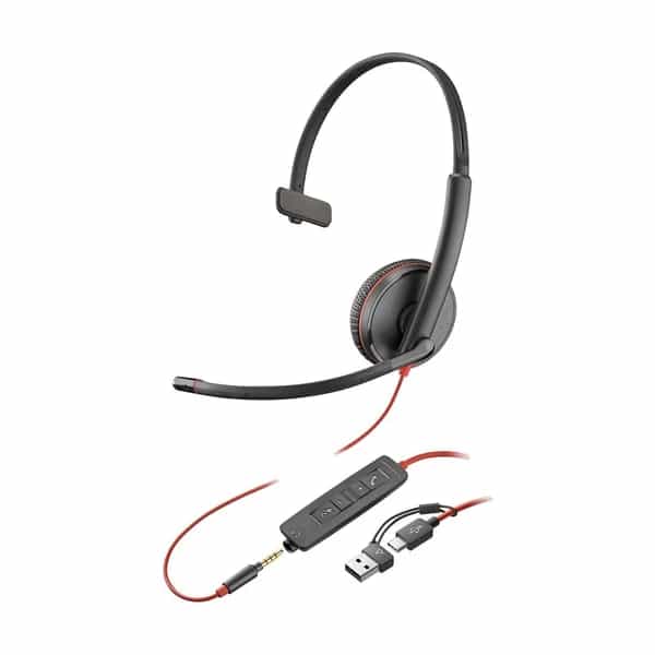 Auricular monoaural Poly Blackwire 3215 USB-C y 3.5mm + adaptador USB-C/A 8X227A6 Bulk