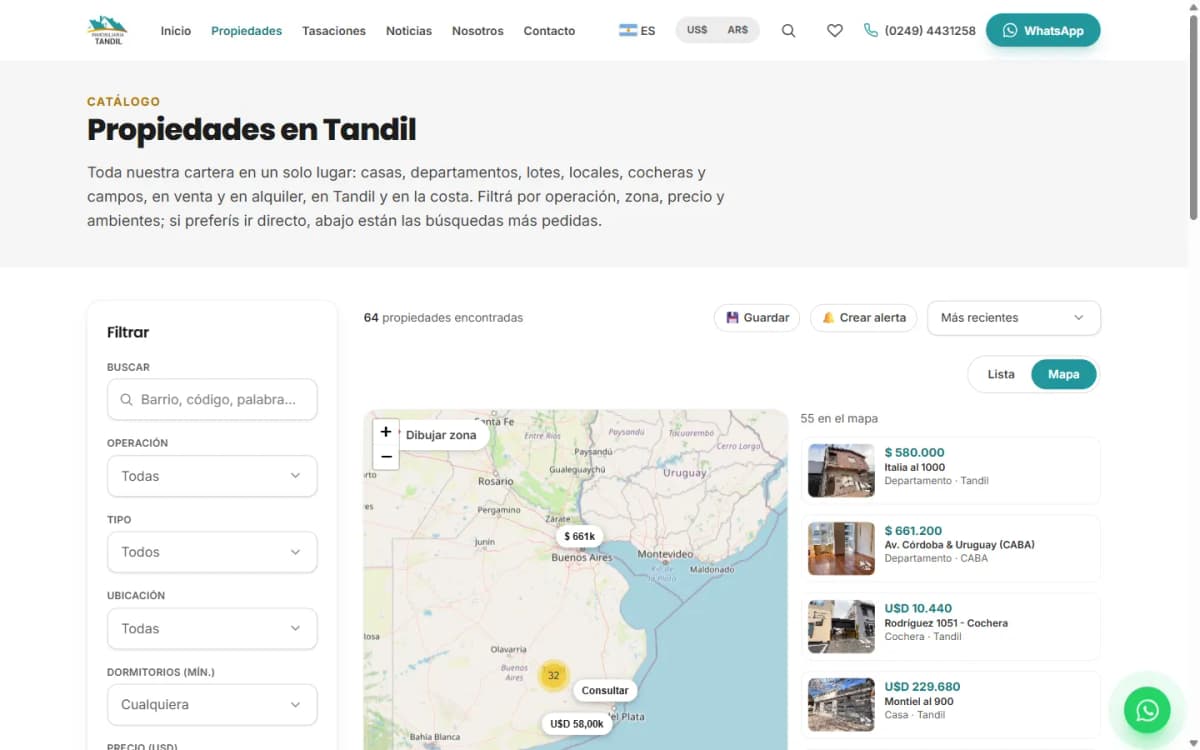 Inmobiliaria Tandil, Búsqueda en el mapa — escritorio