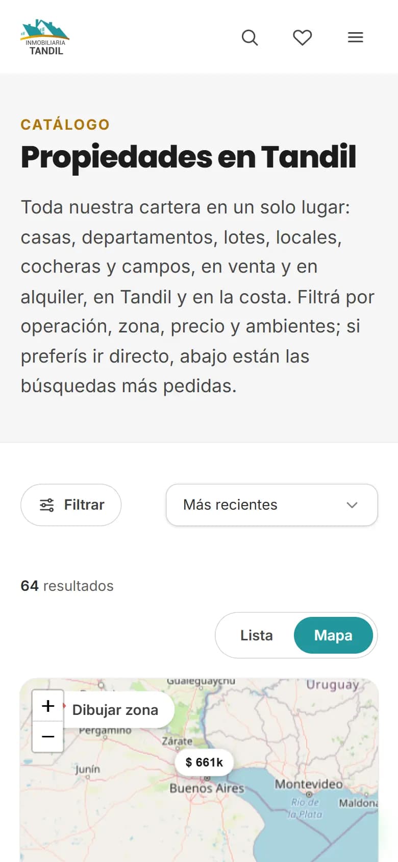 Inmobiliaria Tandil, Búsqueda en el mapa — celular