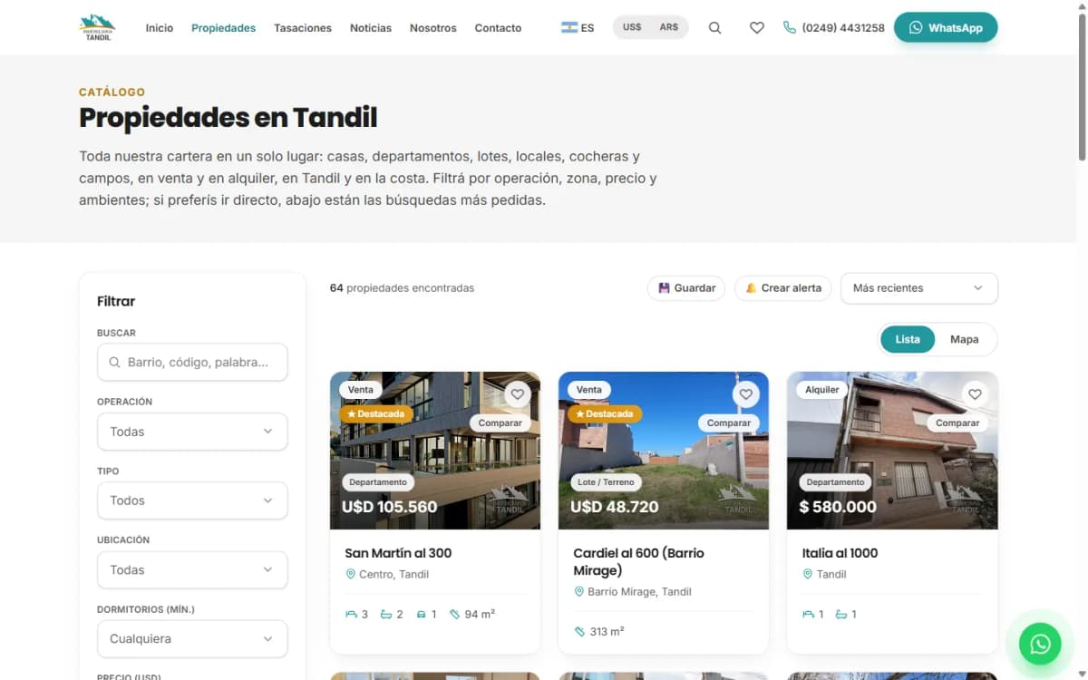Inmobiliaria Tandil, Listado con filtros — escritorio