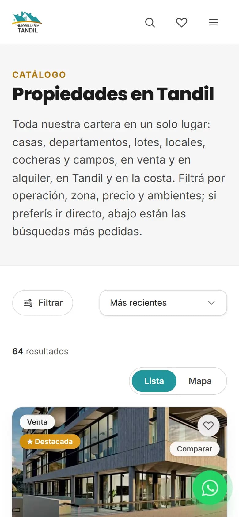 Inmobiliaria Tandil, Listado con filtros — celular