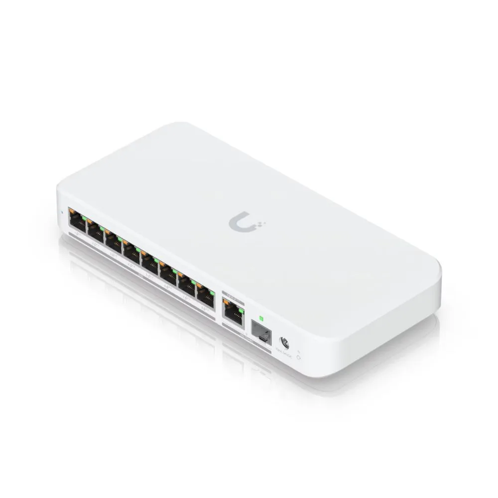 Flexible, 8-port 2.5 GbE PoE++ switch with a 10 GbE RJ45/SFP+ combination uplink port that can be powered with PoE+++ or an AC power adapter