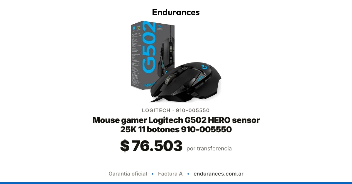 Mouse gamer Logitech G502 HERO sensor 25K 11 botones 910-005550