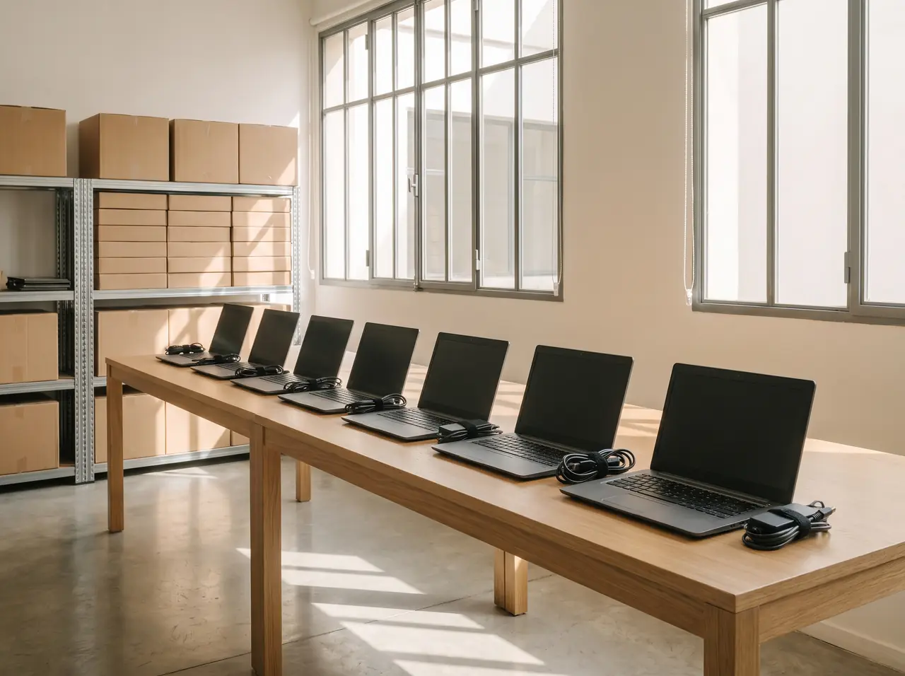 Sala de preparación con una fila de notebooks nuevas sobre una mesa larga de roble, cargadores al lado y cajas en estanterías, lista para entregar a una empresa