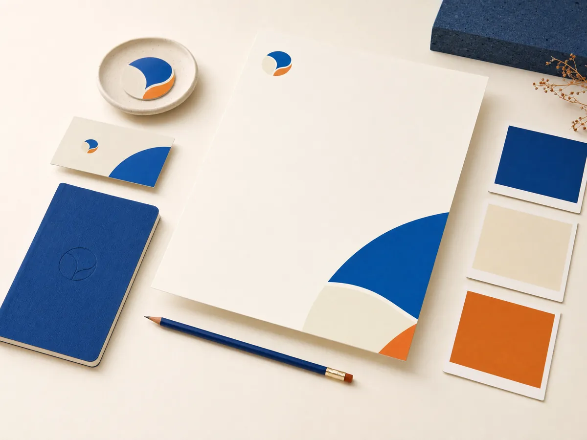Papelería de marca con tarjeta, hoja membretada y muestras de color
