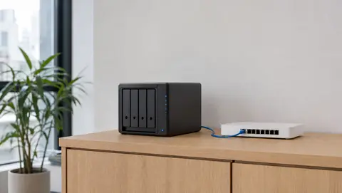 NAS negro de cuatro bahías conectado a un switch sobre un mueble de roble en la oficina de una empresa