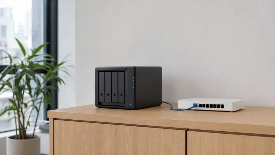 NAS negro de cuatro bahías conectado a un switch sobre un mueble de roble en la oficina de una empresa