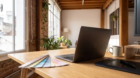 Escritorio de un diseñador con una notebook abierta, una tableta gráfica y un muestrario de colores