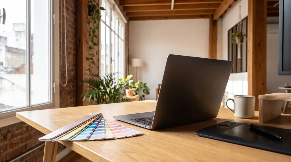 Escritorio de un diseñador con una notebook abierta, una tableta gráfica y un muestrario de colores