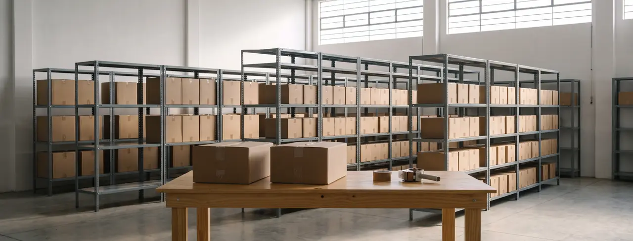 Depósito de despacho ordenado: estanterías metálicas con cajas y una mesa de embalaje con dos paquetes listos para enviar