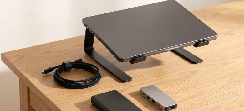 Notebook sobre un soporte de aluminio, cable trenzado, batería portátil y hub USB sobre un escritorio de roble