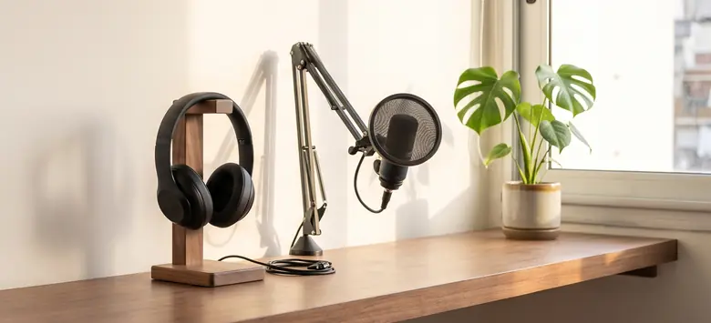 Auriculares en un soporte de nogal y micrófono de estudio sobre un escritorio de un departamento porteño