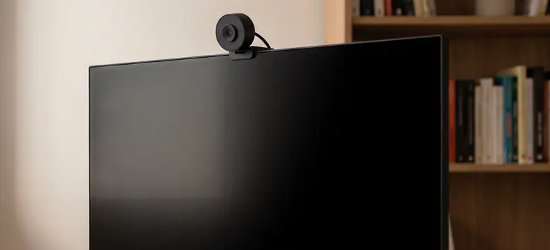 Webcam negra sobre un monitor en un home office con biblioteca y lámpara de escritorio