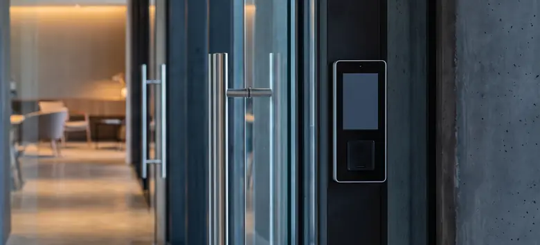 Terminal de control de acceso con pantalla y lector de tarjetas junto a una puerta de vidrio de una oficina
