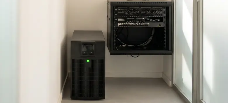 UPS de torre junto a un rack de pared en el cuarto técnico de una oficina