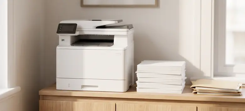 Impresora multifunción láser blanca sobre un mueble de roble junto a resmas de papel en una oficina