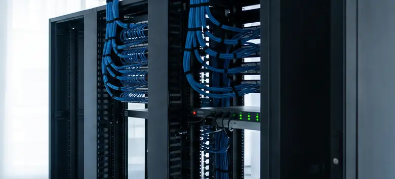 Racks de 19 pulgadas con organizadores verticales y cables de red azules que bajan desde una bandeja portacables
