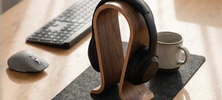 Auriculares sobre un soporte de nogal, teclado y mouse inalámbricos en un escritorio de roble con luz de mañana