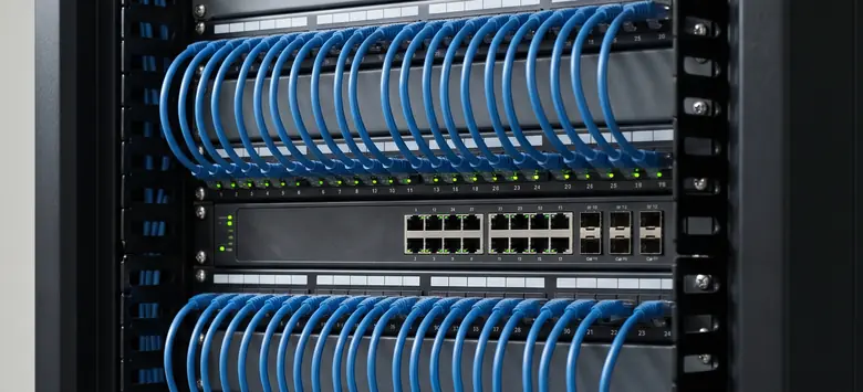 Rack de red ordenado: patch panels y switches conectados con cables azules cortos