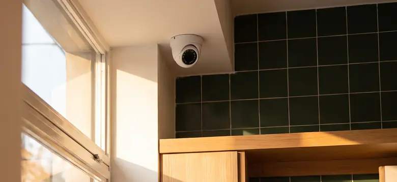 Cámara domo de seguridad blanca instalada en el techo de un local con azulejos verdes y estantes de madera