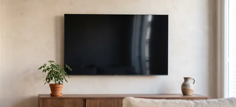 Televisor de pantalla plana colgado en la pared de un living luminoso, sobre un mueble bajo de nogal
