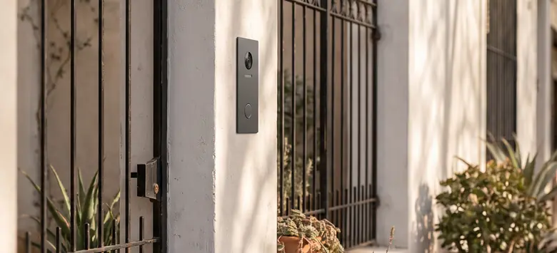 Frente de videoportero con cámara y botón de llamada en la pared de una casa porteña, junto a una reja negra